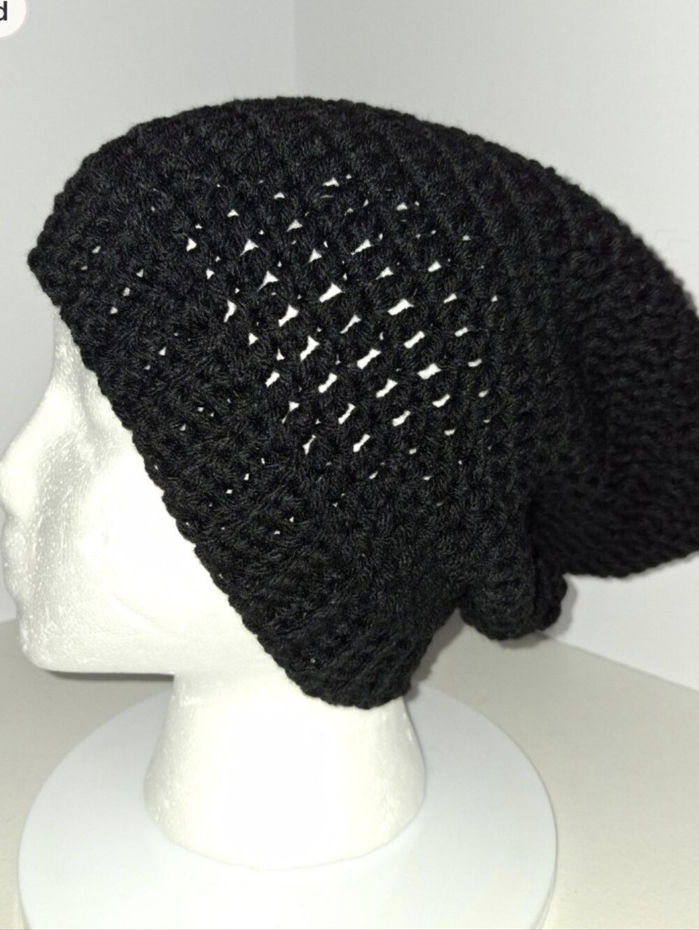 Beanie Slouchy Cap XL Black Crocheted Handmade
